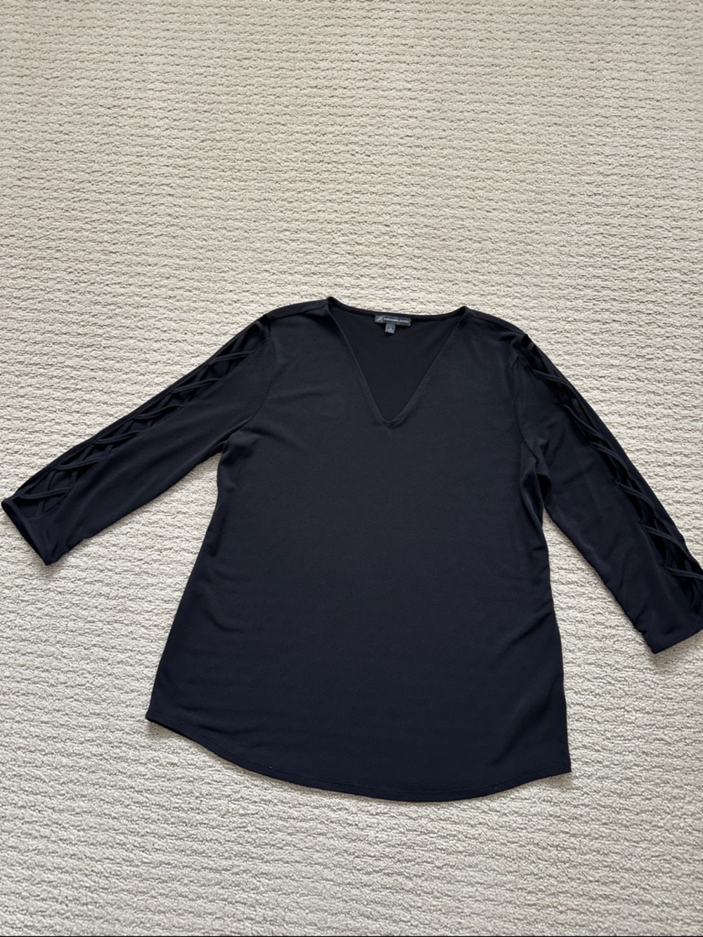 Adrianna Papell Black V-Neck Long Sleeve Top with Lattice Sleeve Detail